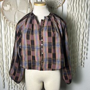 Anthropologie | BTFL-Life Balloon Hem Long Sleeve Plaid Blouse Size Small